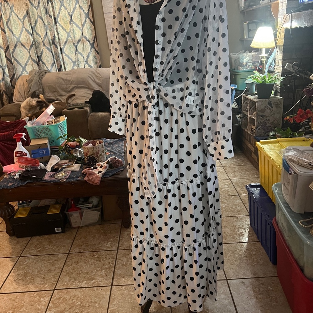 SHEIN Monochrome Polka Dot Long Sleeve Dress